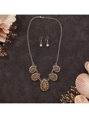 Silver Tone Faux Tiger Eye Statement Necklace Earrings Set